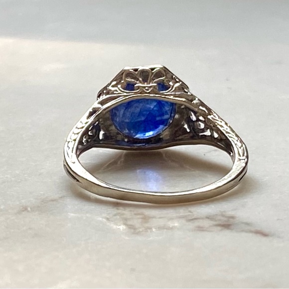 Vintage 3 Carat Sapphire Ring, 14k White Gold Filigree, Sz 6 EUC - Picture 11 of 13
